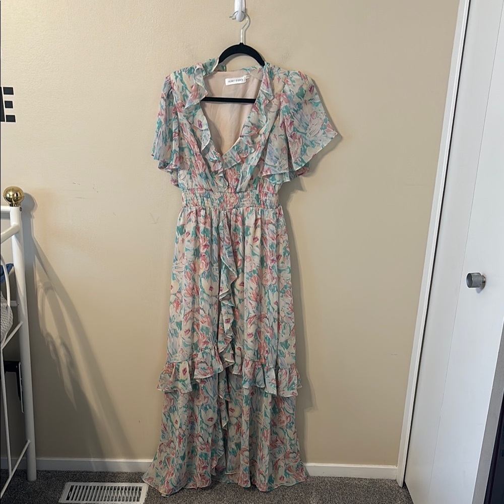 Floret Studios Ruffle Floral Hi Low Lined Dress